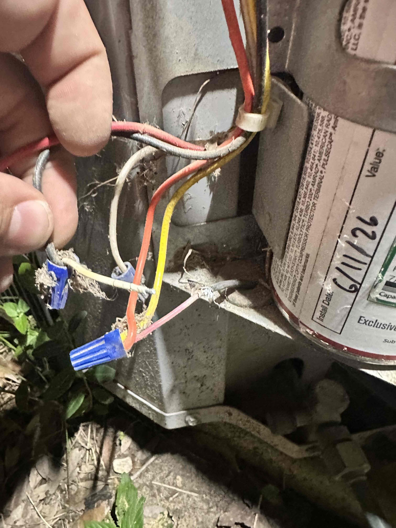Sherman, TX - Arrive for no Cool on single system home. Thermostat was set to cool, indoor blower was running but condenser was not. Checked voltage at condenser, getting 240 from disconnect. There is not 24 V going to contactor. Checked wiring, going to unit and found it had broken as it goes into the cabinet. Cut and reconnected broken wires. Contactor was heavily pitted and very black, customer approved replacement. After replacing contactor and fixing broken wires, tested system in cooling. Condenser came on and is running. Measure temperature coming from supply, getting 64°. System is cooling at this time. 