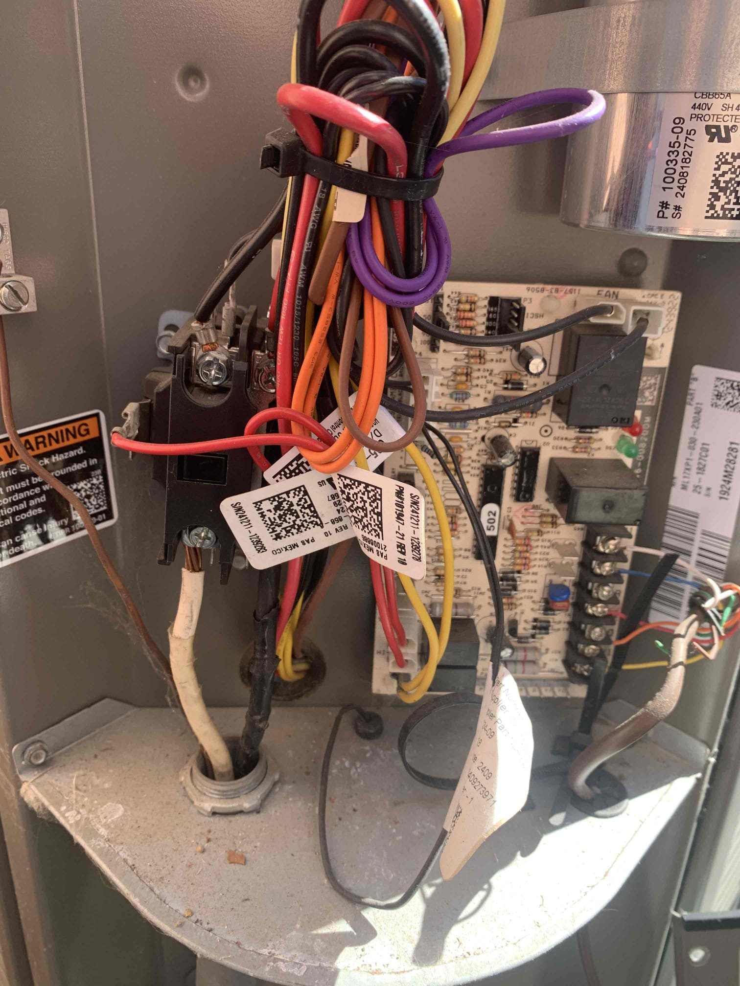 Sherman, TX - 2 system heat pump heating maintenance. Checked operation of drain line and poured water down drain to verify it was clear. Replaced filters provided by customer. Checked systems in heat pump heating as well as emergency heating. Measured amp draw on blower motors and electric heat strips. Checked temperature rise across systems, both are heating effectively. Blower wheel for upstairs unit has a bunch of buildup on it that will put more stress on the motor while it’s running. Went outside to condensers and checked electrical components. Capacitor and contactor for up stairs system are still good. Downstairs system does not use a capacitor or contactor. Condenser coils are clean. Systems are operational at this time. 