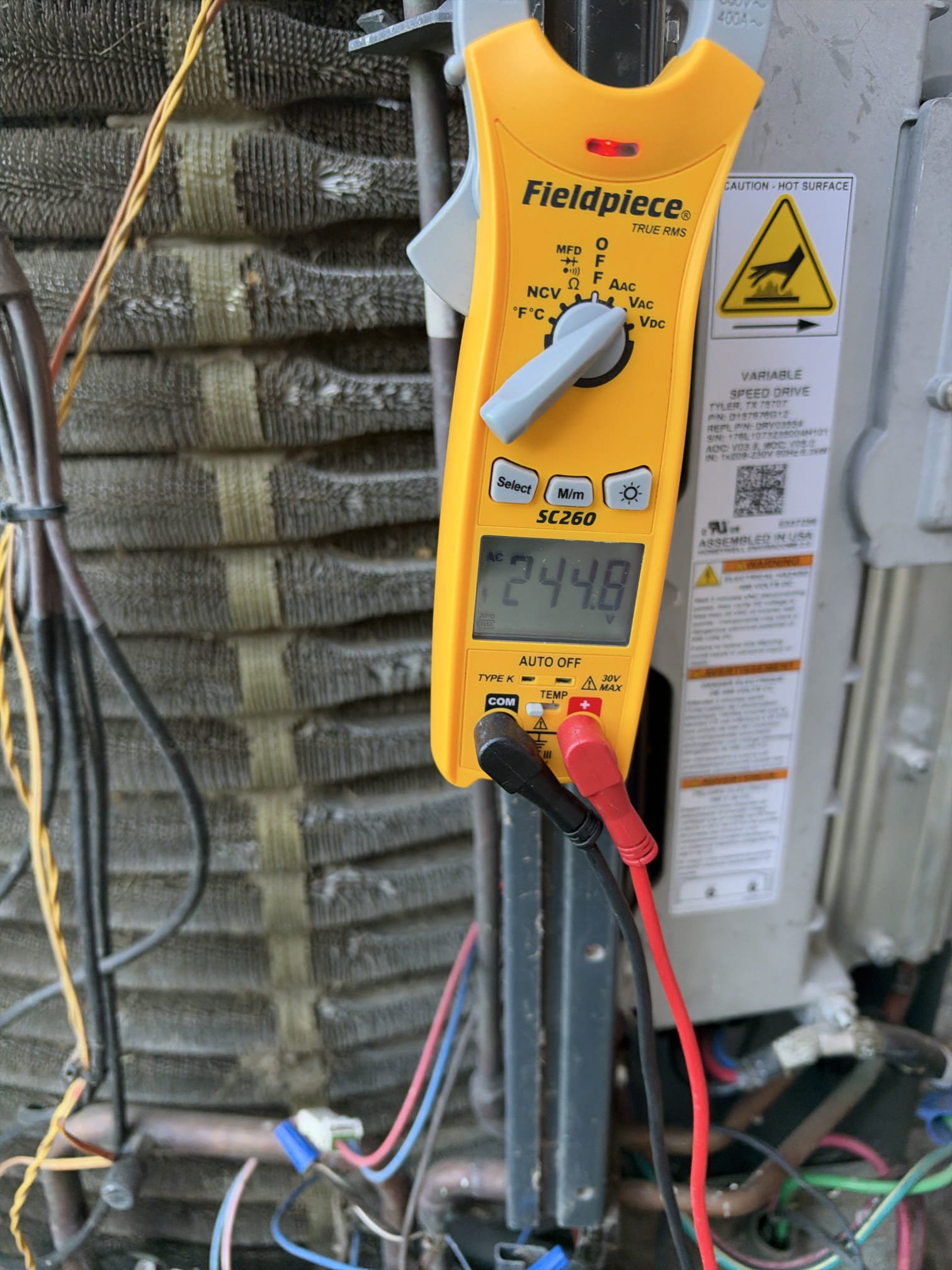 Farmersville, TX - found non communication error at thermostat. powered system off fr 5 minutes and turned on. no power to cda even after power was restored. 240 volts were coming to unit from disconnnect. only had 6.68 volts dc at inverter tests ports. system is rated for 13 volts dc. condemned inverter. inverter even smelled burnt. spoke to dispatch to order inverter. spoke to jessie and we will be bypassing speaking to trane for authoriZation code needed. system is still currently down. customer handed me check for the service fee 