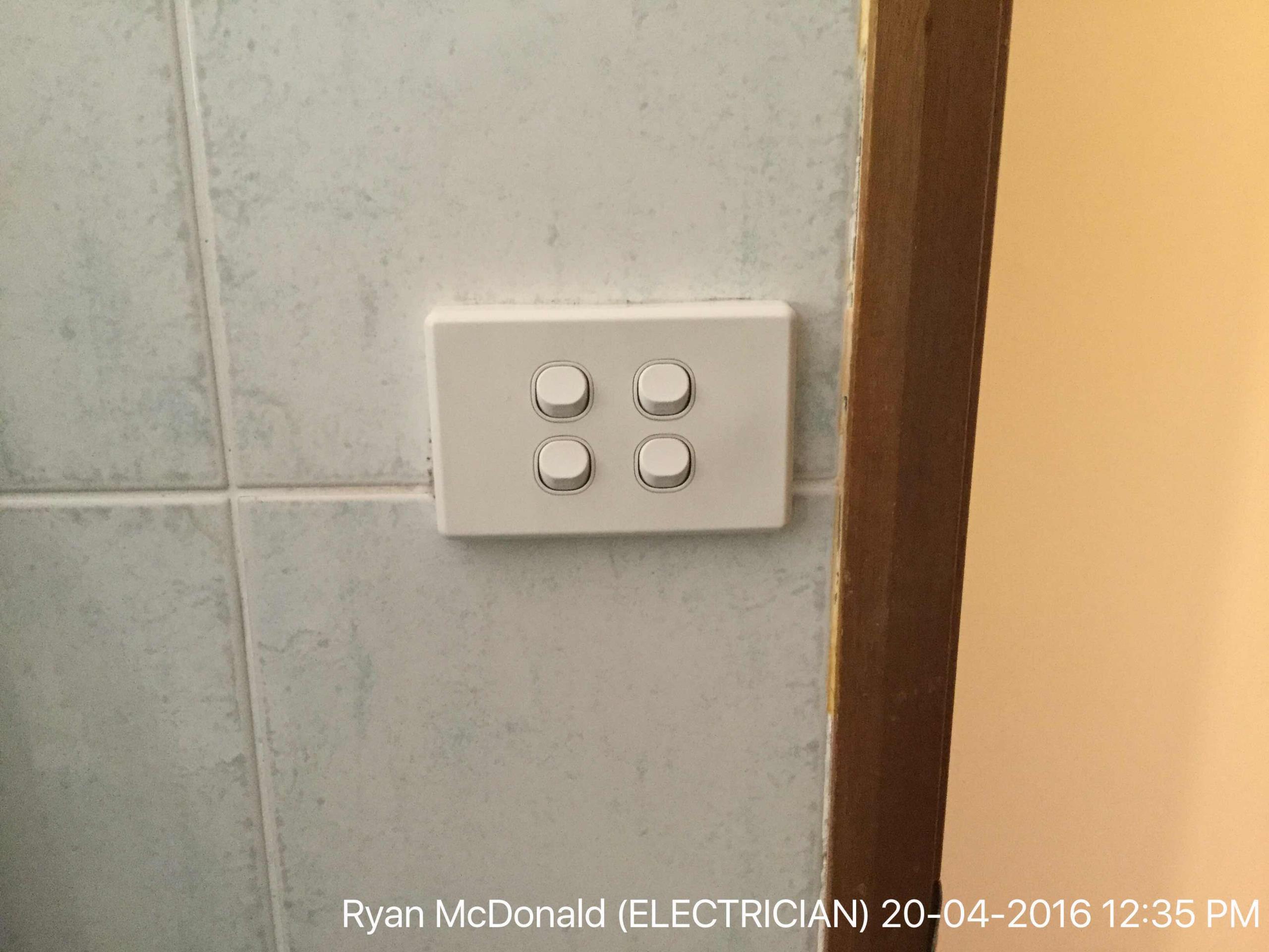 Replace two switches in bathroom and 3 gang at bottom of stairs. Replace 4 downlights to led upstairs