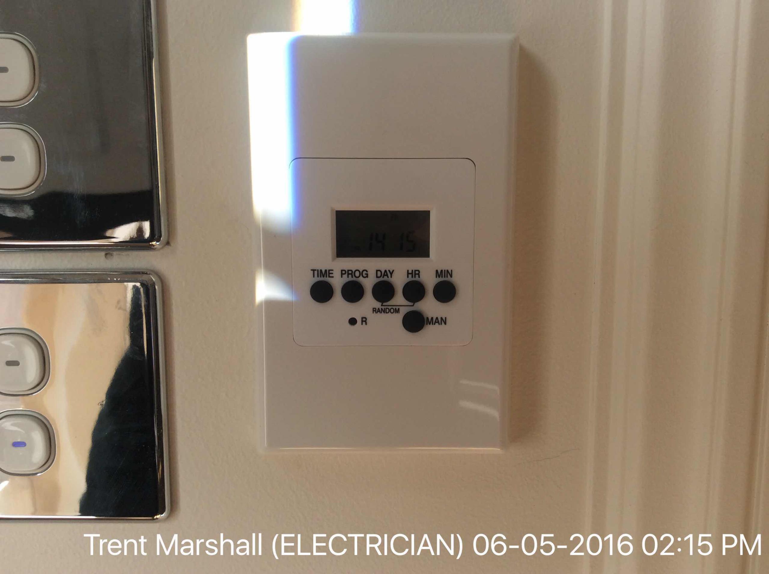Installed digital timer switch for front lights. Fault find. Found driveway light globes were not installed correctly, changed to led globes that customer supplied.