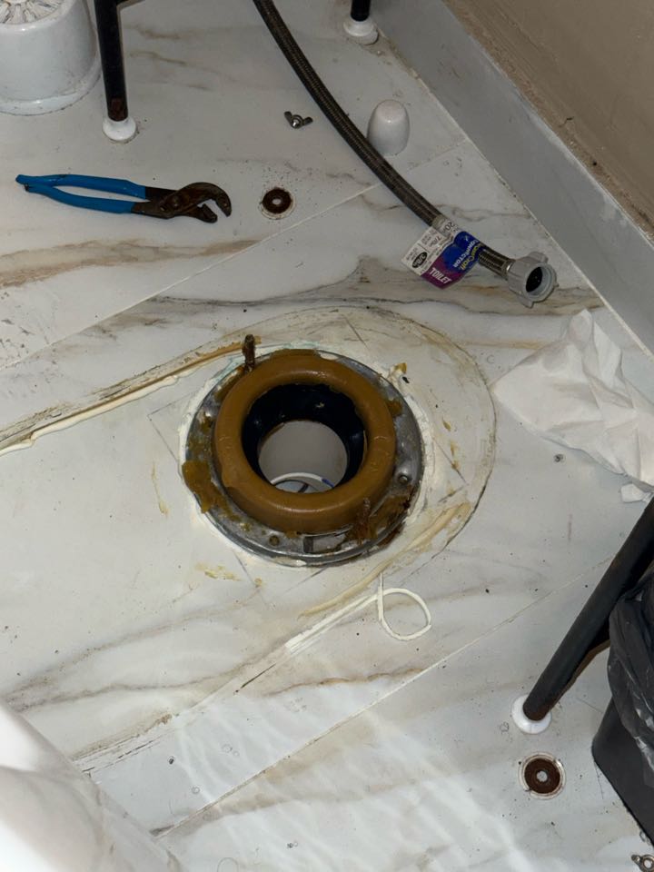 Work Performed:
	•	Supplied and installed one reinforced wax seal kit
	•	Removed existing wax seal and inspected toilet flange for proper fit
	•	Reset toilet ensuring correct alignment and a secure seal
	•	Tested for proper operation and confirmed no leaks present
	•	Cleaned up work area upon completion
