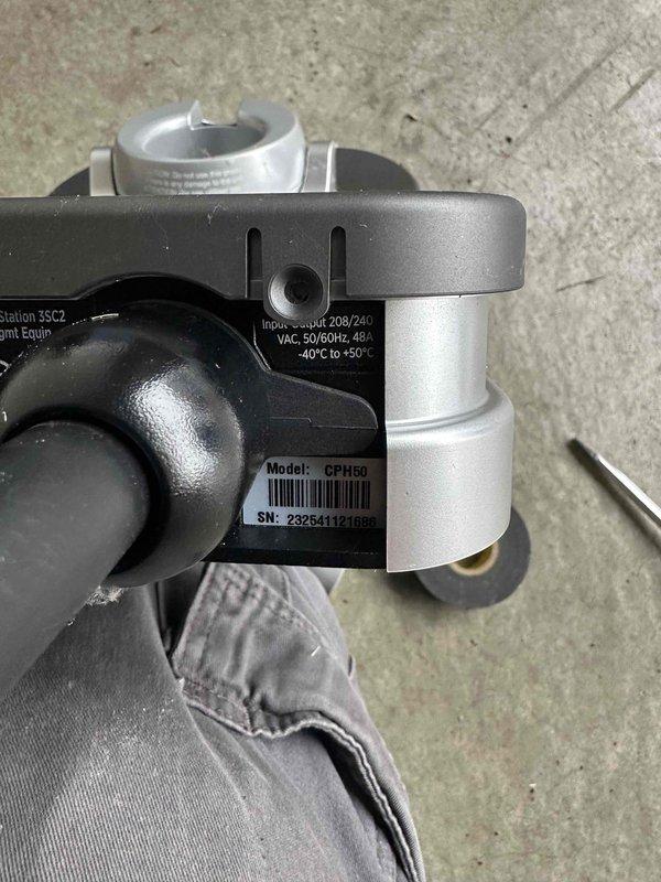 Completed removal of EV charging station (Model CPH50) from premise. Unit was properly disconnected from 208/240 VAC power supply. Testing equipment was utilized to verify power termination before removal. Equipment was successfully extracted and prepared for transport per service request specifications.