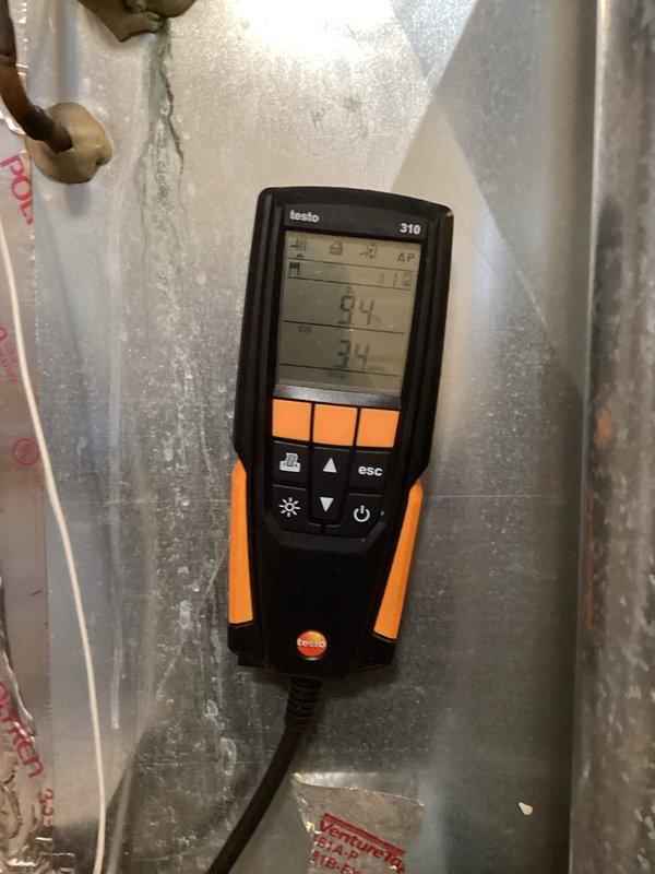 Performed scheduled prepaid maintenance on residential heating system consisting of one furnace, one gas fireplace, and one humidifier. Conducted electrical testing with UEi clamp meter to verify proper voltage and current. Utilized Testo 310 combustion analyzer to check CO levels and efficiency (3.4 reading noted). All components operating within normal parameters; no issues identified or repairs required.