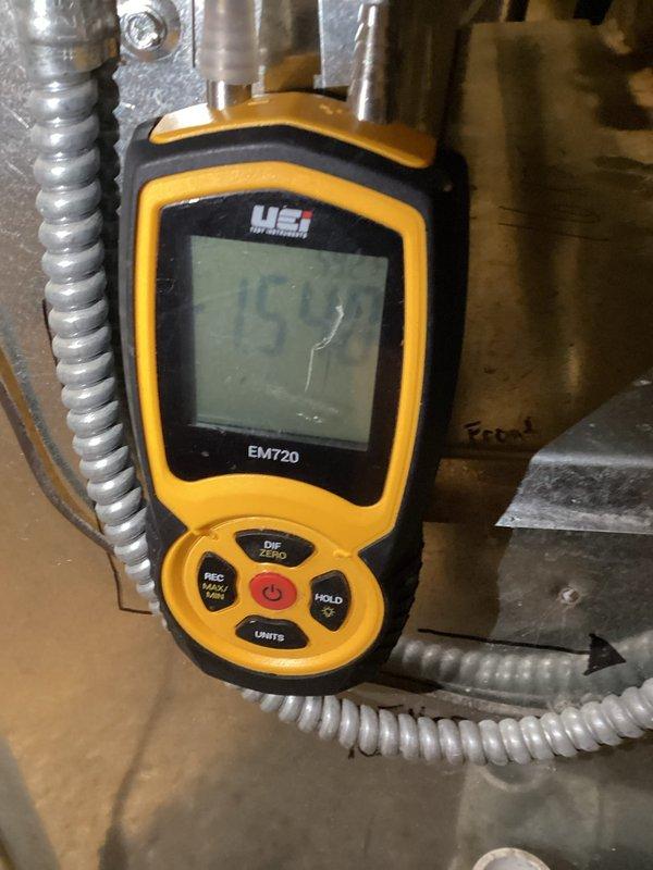 Responded to no heat service call on 8-year-old furnace system with reported temperature inconsistency. Diagnostic testing with UEi EM720 meter revealed restricted airflow causing system inefficiency. Removed clogged 3M filter and replaced with standard filter, restoring proper airflow and system performance. Verified thermostat operation which now maintains set temperature.