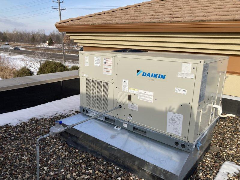 Completed scheduled commercial heating maintenance on two Daikin rooftop units as part of Fall/Winter prepaid visit. Service included changing return air filters, performing heating safety checks, verifying proper heating/fan operation, and cleaning filters on mini-split system. Units were inspected, serviced, and confirmed to be functioning correctly for the heating season.