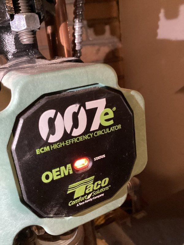 Responded to no heat complaint in triplex building. Diagnosed failed circulation pump. Installed new Taco 007e ECM high-efficiency circulator pump, then performed complete system drain and purge to restore proper heating function.