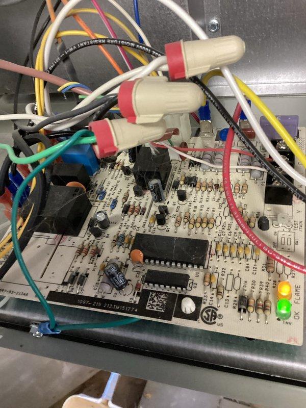 Performed preventative maintenance on both residential and shop furnaces prior to customer's seasonal departure. Inspected gas burner assemblies confirming proper flame appearance and combustion. Control board examination revealed normal operation with all indicator lights functioning correctly. Both units operating within specifications with no issues identified.
