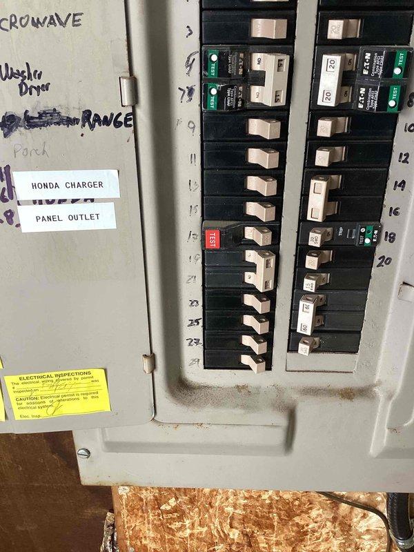 Successfully installed the customer-supplied Emporia EV charger, replacing the previous Enel X Juicebox unit. Added dedicated circuit in main electrical panel with proper labeling for the Honda charging system. Completed final inspection with all connections verified for proper operation and safety compliance. Removed the old Enel X Juicebox unit to be returned to Electrum per instructions.