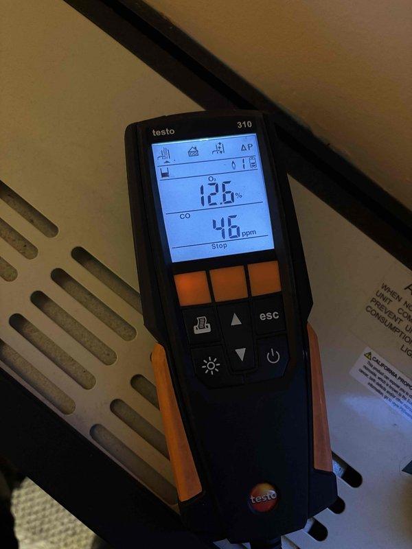 Completed scheduled maintenance visit on boiler and wall heating unit. Performed diagnostic testing of equipment using Testo 310 analyzer, measuring combustion efficiency, CO levels (46 ppm), temperature (58.1°F), and humidity (69%). Noted that boiler had been previously cleaned by Centerpoint.