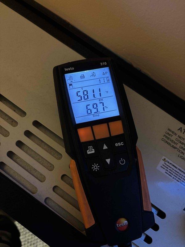 Completed scheduled maintenance visit on boiler and wall heating unit. Performed diagnostic testing of equipment using Testo 310 analyzer, measuring combustion efficiency, CO levels (46 ppm), temperature (58.1°F), and humidity (69%). Noted that boiler had been previously cleaned by Centerpoint.