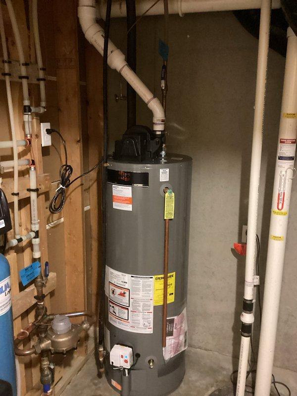 Performed direct replacement of Center Point PROG50-42N RU67 PV water heater under CPT subcontract. Completed like-for-like installation with replacement of 4 feet of vent piping. Installed and connected all necessary plumbing components including PVC venting system with proper joints and copper supply lines.
