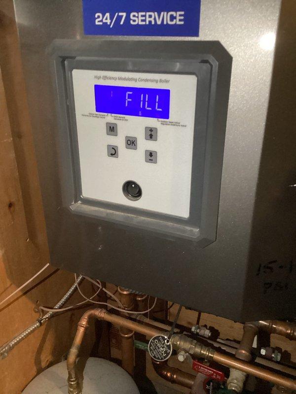Responded to no heat complaint due to low boiler pressure (1 psi). Diagnosed system, filled boiler to proper operating pressure, and reset system to restore heat. Noted potential leak in infloor manifold that will require follow-up service.