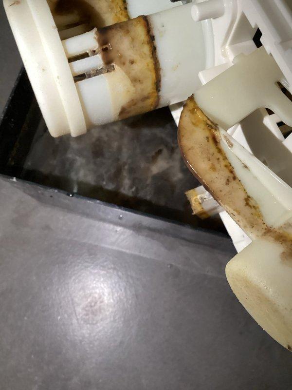 Responded to complaint of excessive noise from condensate pump at furnace location. Diagnostic inspection revealed failing pump motor with significant mineral buildup and discoloration on internal components. Removed defective unit and installed new condensate pump, restoring proper operation and eliminating noise issue.