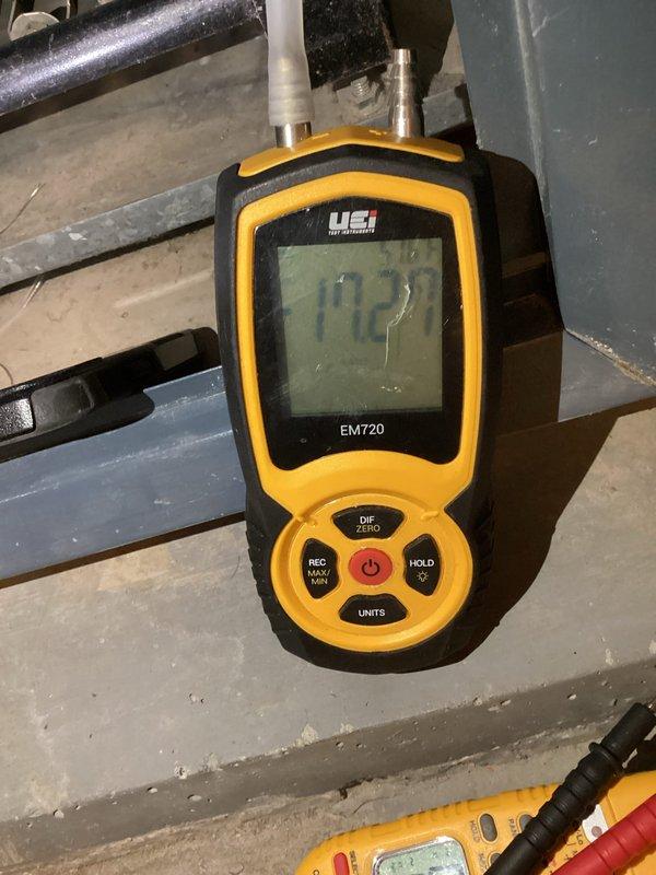 Responded to no heat complaint after recent maintenance. Diagnosed faulty gas valve using UEi Test Instruments EM720 meter which showed abnormal readings of 17.2. Temporary repair attempted but unsuccessful. Scheduled return visit with replacement part; customer to be available by 12:00.