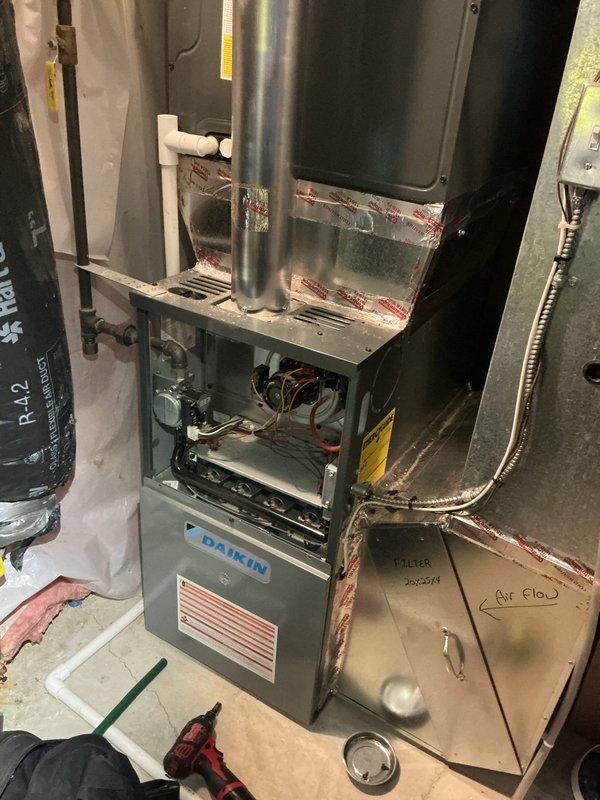 Performed routine maintenance on Daikin furnace and heat pump system. Inspected Aprilaire whole-home humidifier which was confirmed non-operational as reported in service history. System components were cleaned and checked for proper operation.