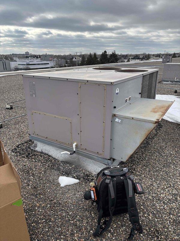 Completed filter change and belt replacement service on two rooftop units and one make-up air unit per maintenance schedule. Installed new filters (2-16x16x2 and 4-16x25x2) in the RTUs and cleaned/reinstalled washable filters in the make-up air unit. Inspected blower motor assembly and fan components during service.