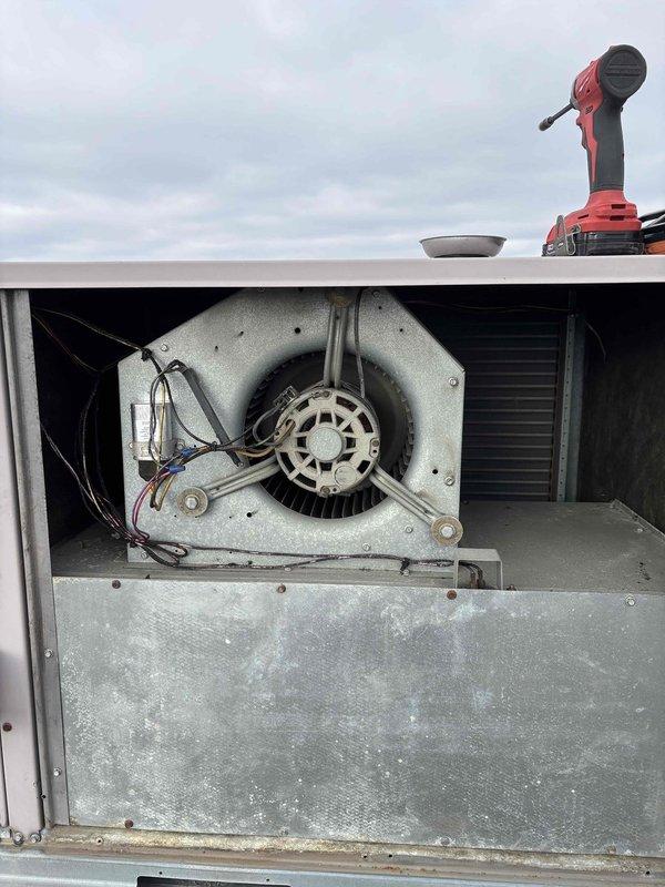 Completed filter change and belt replacement service on two rooftop units and one make-up air unit per maintenance schedule. Installed new filters (2-16x16x2 and 4-16x25x2) in the RTUs and cleaned/reinstalled washable filters in the make-up air unit. Inspected blower motor assembly and fan components during service.