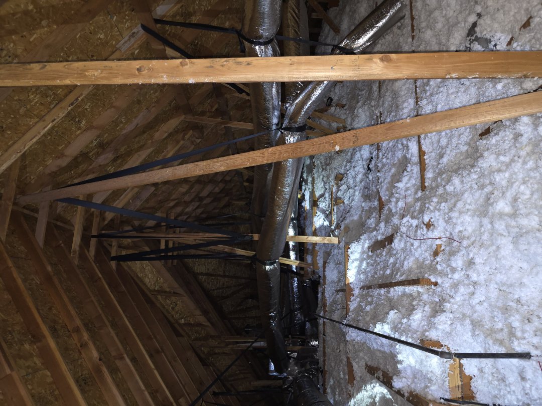 removed all existing ductwork in customers home in which was not installed properly causing inadequate air distribution throughout home, upgraded new ductwork with r8 value insulation which helps duct maintain better temperatures in the attic also strapped and ran all ductwork straight as possible. all this to ensure proper air distribution around there home for properly maintained comfort.