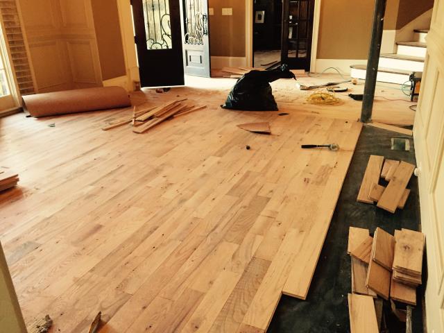 Gave estimate in sunny Atlanta for re-sand, stain and finishing of hardwood floors throughout the home. Also, Installing new treads and risers and will finish with (3) Coats of Poly. Stained Red Oak quarter round throughout for a finished look.