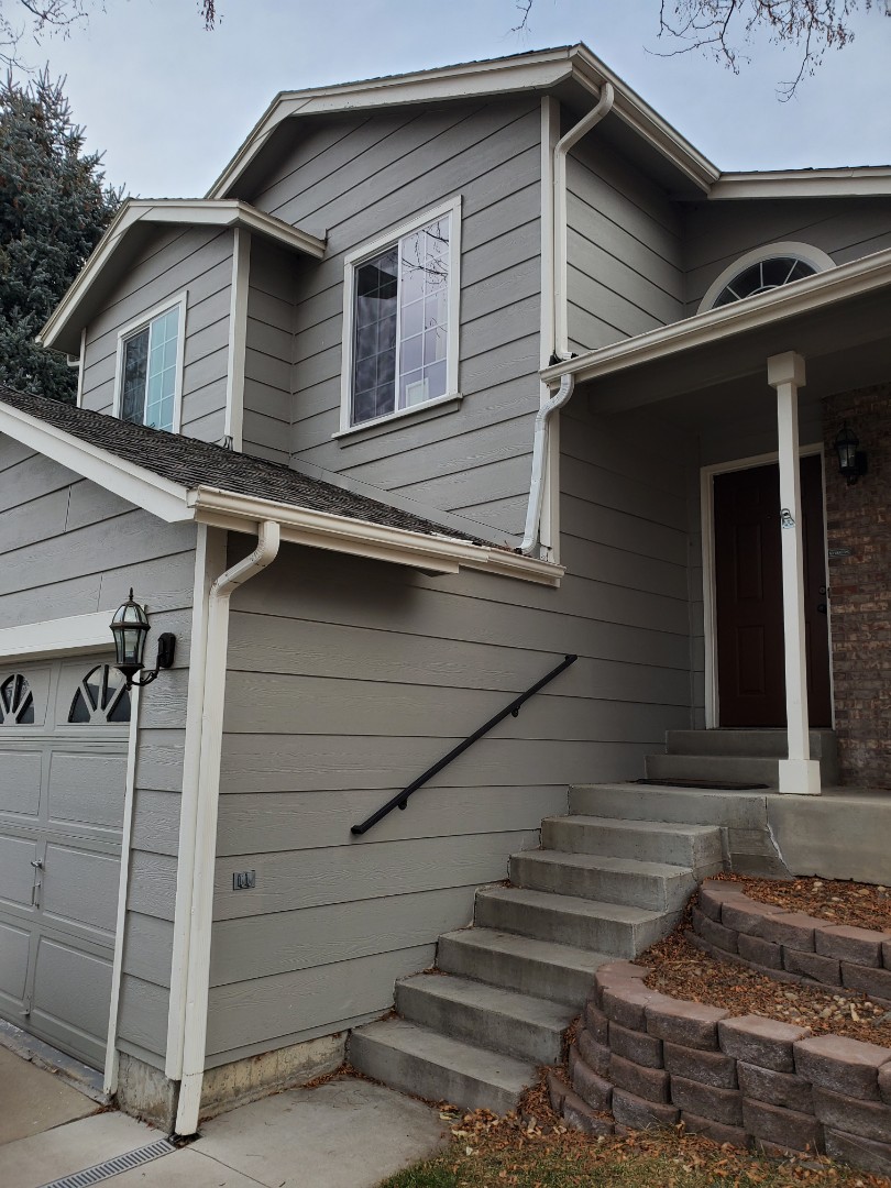 Littleton, CO - We are quoting a gutter replacement with the option for new downspouts all around this house in Highlands Ranch. The gutters are old and not functioning properly and leaking onto the fascia. The house will be up for sale in the next year and new prepainted 5" gutters will help the house look great! Littleton, CO - We are quoting a gutter replacement with the option for new downspouts all around this house in Highlands Ranch. The gutters are old and not functioning properly and leaking onto the fascia. The house will be up for sale in the next year and new prepainted 5" gutters will help the house look great!