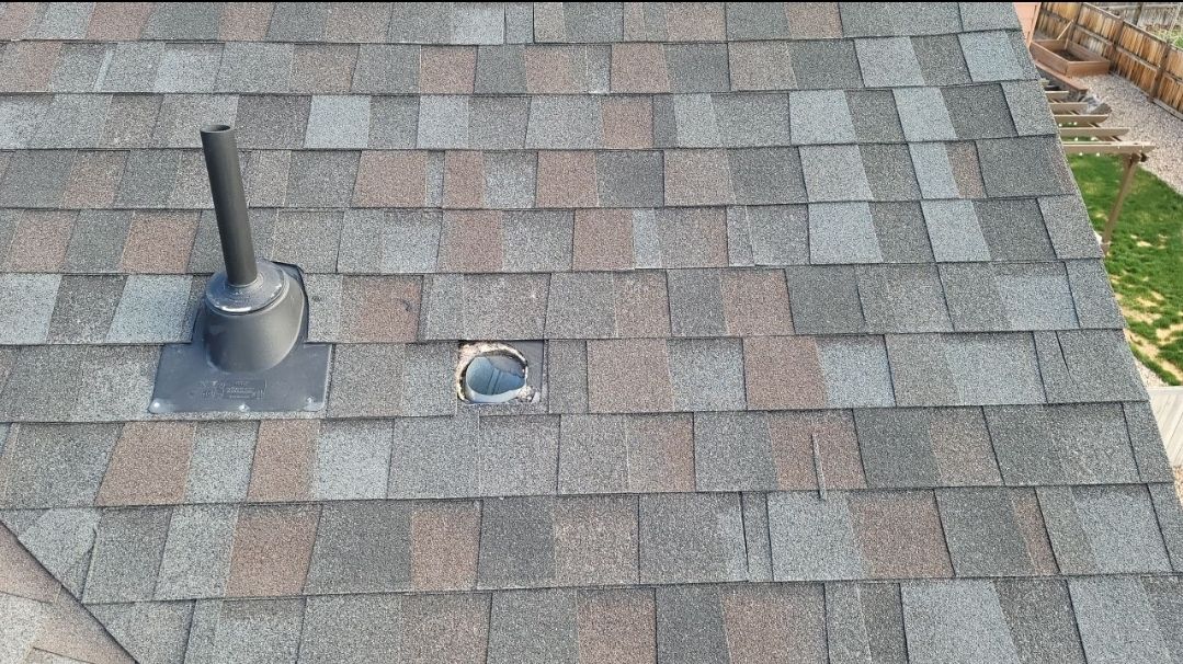 Castle Rock, CO - We are doing a roof inspection for this house in Castle Rock that has a roof leak due to the builders never installing a vent over a bathroom duct. We also discovered that the roof is failing prematurely and so we are going to plan on contacting the manufacturer of the shingles to see if we can do a full roof replacement Castle Rock, CO - We are doing a roof inspection for this house in Castle Rock that has a roof leak due to the builders never installing a vent over a bathroom duct. We also discovered that the roof is failing prematurely and so we are going to plan on contacting the manufacturer of the shingles to see if we can do a full roof replacement