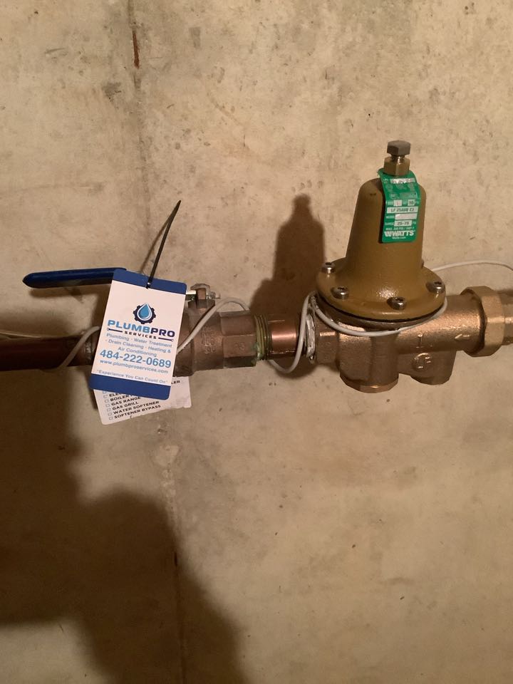 Install 3 new toilet shut off valves and perform 3 minor toilet rebuilds. Install a new 1” PRV and a new shower head. Estimates for a new toilet and a water heater. PlumbPro Services. North Wales plumber. 