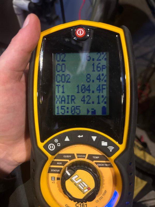 Performed standard heating tune-up on 2-year-old furnace. Conducted electrical testing with multimeter and completed combustion analysis showing normal readings (O2: 13.2%, CO: 16PPM, CO2: 8.4%, temperature: 104.4°F). Noted filter information was needed for records and advised customer accordingly.