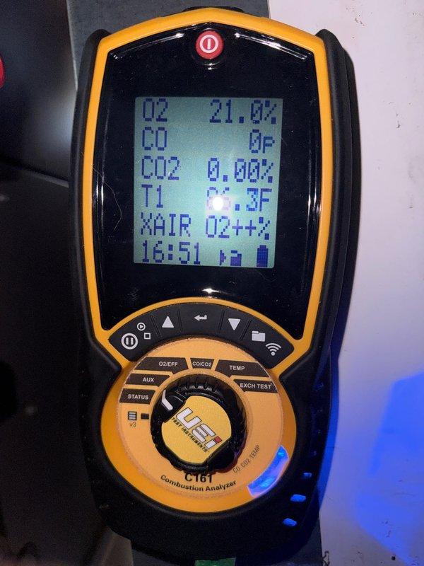 Performed comprehensive heating tune-up on 3-year-old furnace, including combustion analysis with UEi C161 analyzer which confirmed proper oxygen levels and zero carbon monoxide. Additionally, completed requested humidifier maintenance to ensure optimal system performance for the heating season.
