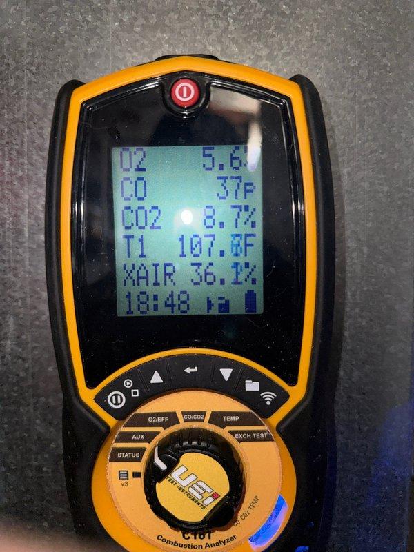 Completed Red Carpet Maintenance on 18-year-old water heater and added humidifier to RCM service plan. Performed combustion analysis with readings (O2: 5.6, CO: 37P, CO2: 8.7%, efficiency: 36.1%) and electrical testing on system components. Customer's AC maintenance scheduled for summer months; filter size 16x20x1 noted for RCM VIP furnace unit.