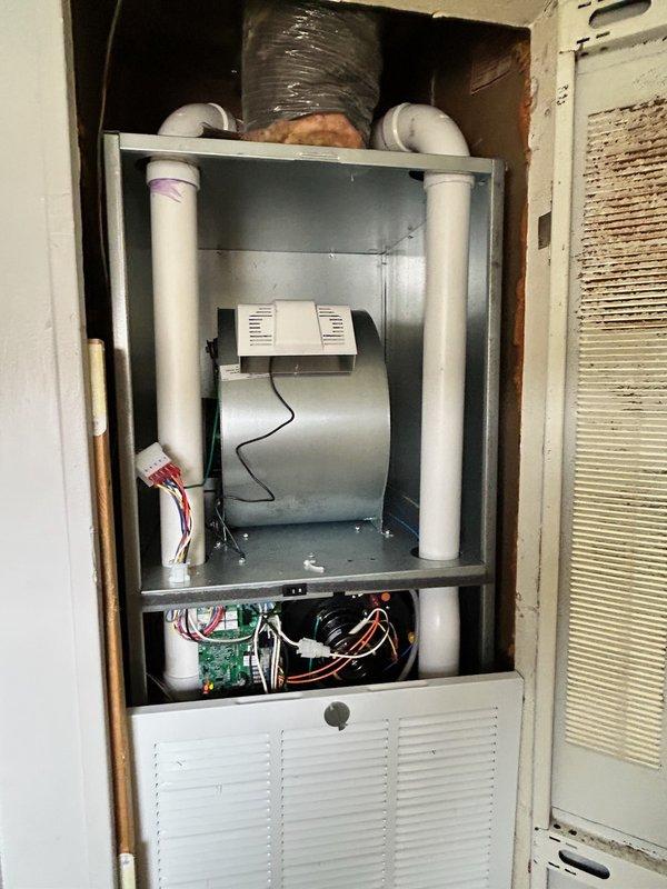 Responded to warranty callback to investigate homeowner concern regarding component allegedly missing from furnace after recent installation. Upon arrival, conducted thorough inspection of mobile home furnace system, Merit AC unit, and Clear Sky thermostat installation. Verified all components properly installed and secured with no missing parts or loose items as originally reported. Documented Clear Sky thermostat serial number that was not captured during initial installation. Inspected 20 ft line set connections, PVC vent kit installation, and all electrical connections to ensure proper completion of original install work. System found operating within manufacturer specifications with no deficiencies noted.