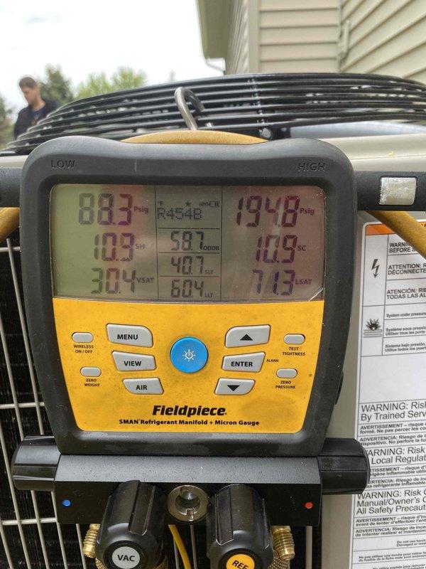 Responded to warranty callback on AC unit installed four days prior with reported icing condition upon first use. Inspected control board wiring and connections, verified proper electrical operation of relay and EAC components. Performed refrigerant system diagnostics using manifold gauges, recording pressures and temperatures to evaluate system performance and identify cause of freeze-up condition.