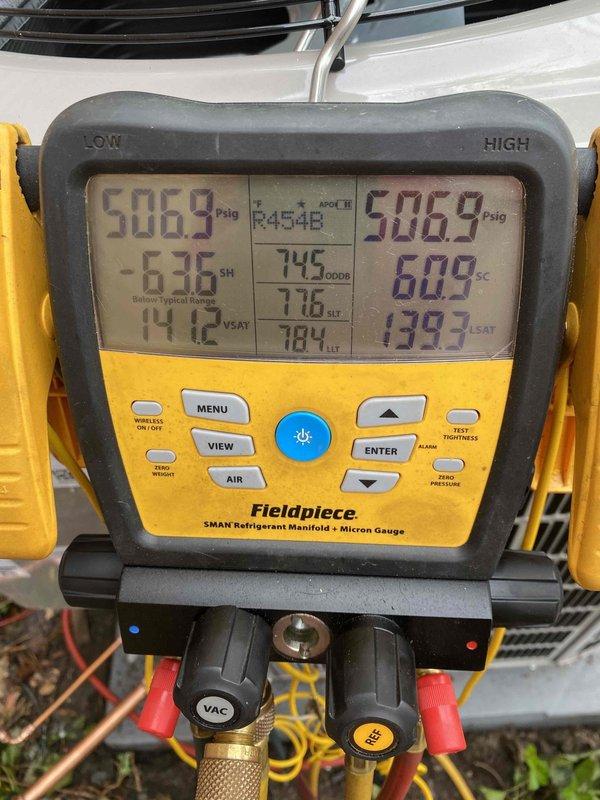 Arrived on site to replace outdoor unit under warranty but discovered a 6/4 transformer failure in the neighborhood had caused a power outage. Unable to complete the installation without power to the area. Documented current system conditions using refrigerant manifold and micron gauge, capturing pressure and temperature readings for reference upon return. Job rescheduled pending power restoration by utility company.