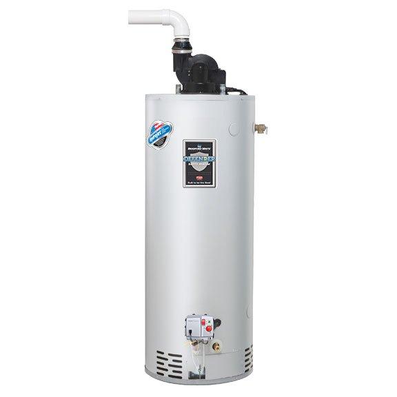 Successfully installed a new 40-gallon power vent gas water heater with all necessary connections and components. Unit was equipped with pressure relief valve, gas control valve assembly, and PVC venting system properly configured at the top of the tank. Installation included connecting water supply lines with brass fittings and verifying all gas connections were secure and operational.