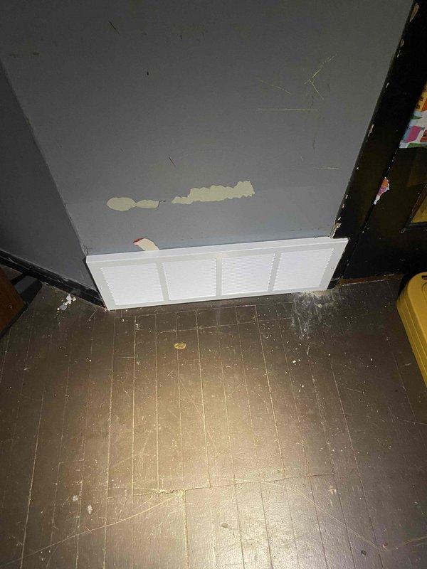 Assessed HVAC register requirements and documented existing conditions. Two registers required for installation were not available in current inventory and have been ordered. Photographed work area showing ceiling damage, floor conditions, and access points for reference. Return visit scheduled upon receipt of ordered registers to complete installation.