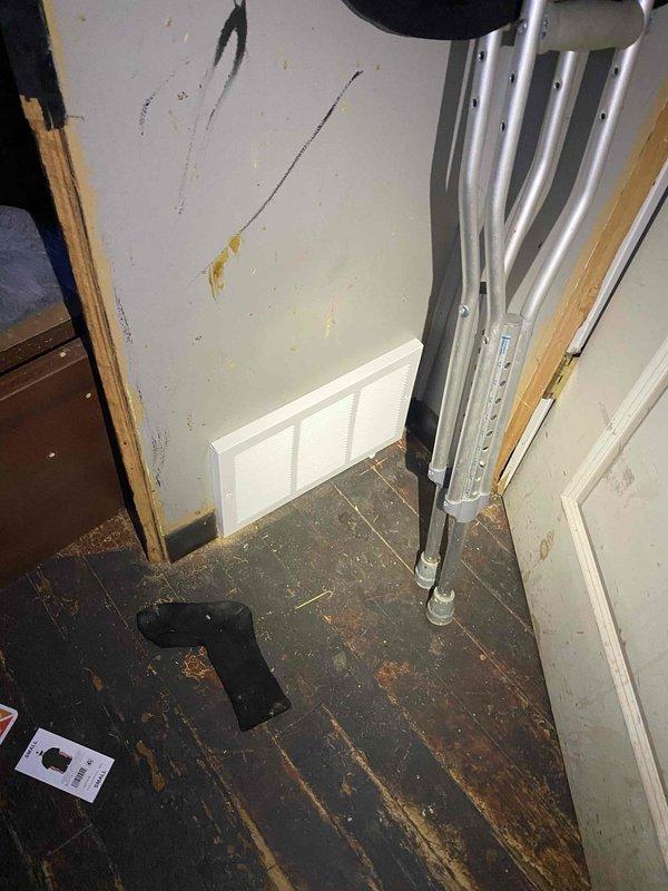 Assessed HVAC register requirements and documented existing conditions. Two registers required for installation were not available in current inventory and have been ordered. Photographed work area showing ceiling damage, floor conditions, and access points for reference. Return visit scheduled upon receipt of ordered registers to complete installation.