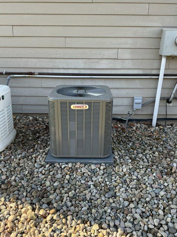 Successfully completed full HVAC system installation including Lennox EL297UH090XV48C furnace, ML17KC2-048 condensing unit, and CK40CT-48C cased coil in basement utility room. Installation included 1620 media filter, T6 Wi-Fi thermostat, and replacement humidifier pad, with all necessary ductwork connections and PVC drainage properly secured and tested.
