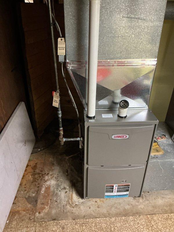 Successfully installed a Lennox ML196UH090XE36C furnace in utility area with proper PVC venting. Connected unit to existing thermostat and return filter system, and verified all connections including ductwork with foil tape for proper sealing.