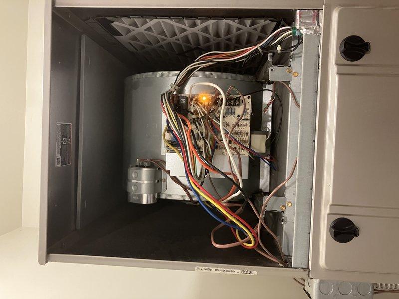 Performed comprehensive maintenance on dual furnace system including blower wheel cleaning on both units. Replaced failing capacitors (35 mfd on furnace #1 and 25 mfd on furnace #2). Removed non-functional humidifier from furnace #2 and properly sealed opening with sheet metal to restore system integrity and proper airflow.