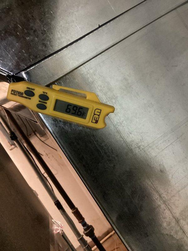 Successfully installed Lennox ML196 Furnace with 16x25x1 Filter Elbow and T4 Thermostat. System was properly connected to existing ductwork and all temperature readings were verified at 69.5°F using EDTECO digital measurement tool. Equipment is functioning as specified with proper airflow.