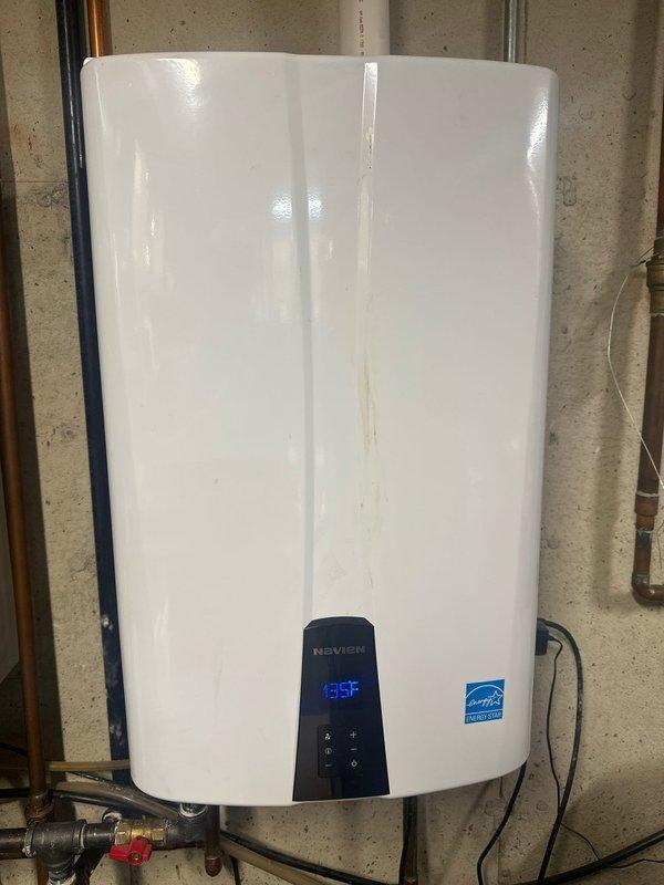 Performed scheduled CWOWFlush service on two Navien NPE-240A tankless water heaters as requested. Both units were properly plumbed for purging. Successfully completed maintenance flush procedure to remove scale buildup and maintain optimal system efficiency according to manufacturer specifications.