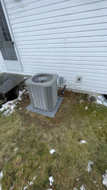 Successfully completed second phase of complete system installation, including placement of new Lennox air conditioning unit on concrete pad. Unit was properly positioned adjacent to the home's exterior with all necessary electrical and refrigerant connections secured. Final inspection confirmed proper operation of the complete HVAC system.