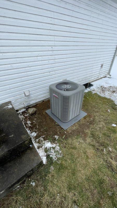 Successfully completed second phase of complete system installation, including placement of new Lennox air conditioning unit on concrete pad. Unit was properly positioned adjacent to the home's exterior with all necessary electrical and refrigerant connections secured. Final inspection confirmed proper operation of the complete HVAC system.
