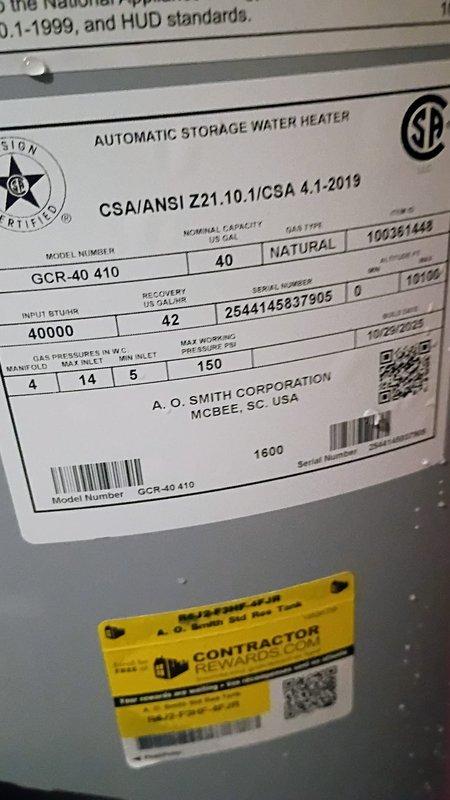 Responded to a water leak complaint near water heater in basement. Upon inspection, identified leak at copper pipe fitting above the A.O. Smith GCR-40 410 40-gallon natural gas water heater. Repaired damaged fitting, pressure tested system, and confirmed proper operation with no further leakage detected.