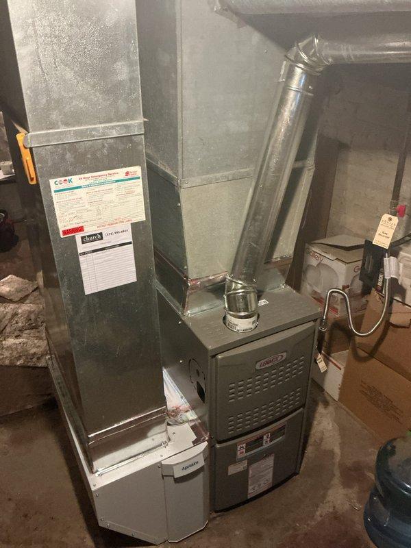 Successfully installed a Lennox ML180UH070E36BK furnace in basement with 1610 media filter. Replaced damaged 6" flex duct that was hanging down and properly secured all ductwork connections. System was tested and confirmed to be operating according to manufacturer specifications.