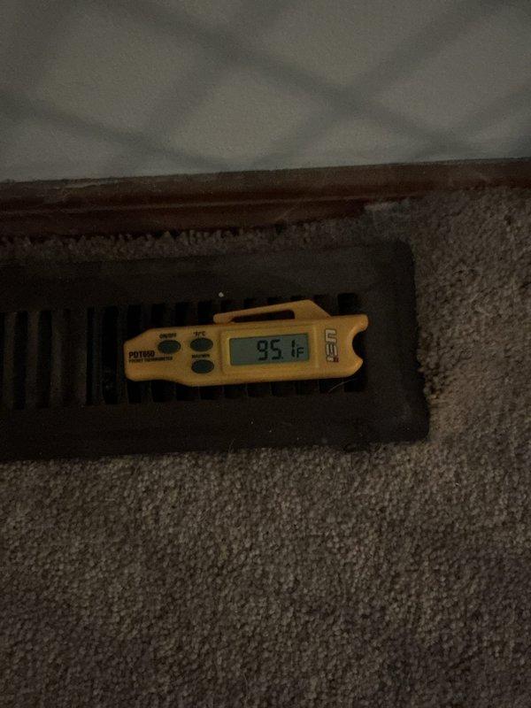 Successfully installed Lennox ML180DF045 furnace with modifications to return air system to accommodate filter options (1" or media). Post-installation testing confirmed proper operation with supply air temperature reading 95.1°F at register.