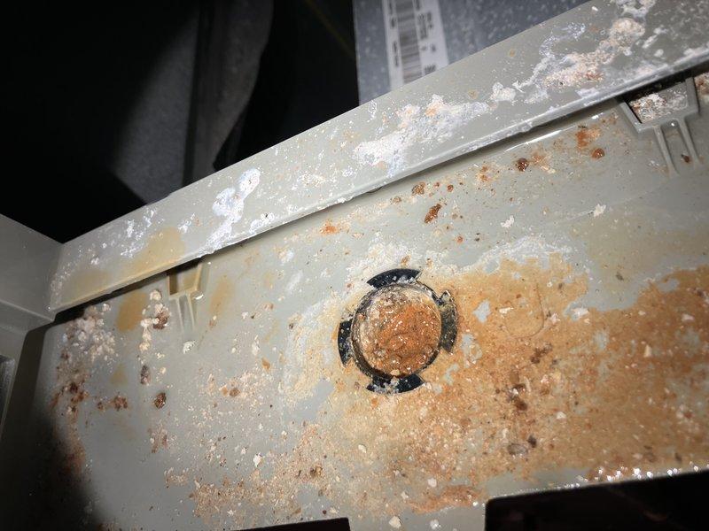 Responded to service call regarding basement humidifier leaking onto floor. Upon inspection, found significant corrosion on humidifier components and severely clogged filter with extensive dirt buildup. Replaced deteriorated humidifier filter and serviced corroded metal components to resolve water leakage issue.