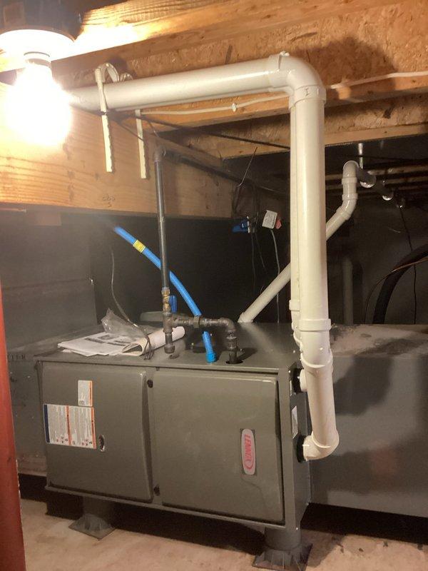 Responded to no-heat call for newly installed furnace. Discovered improper PVC venting configuration with intake/exhaust pipes labeled but installed incorrectly, causing system shutdown. Corrected vent pipe installation, verified proper operation of furnace and thermostat, and confirmed system now functioning correctly.