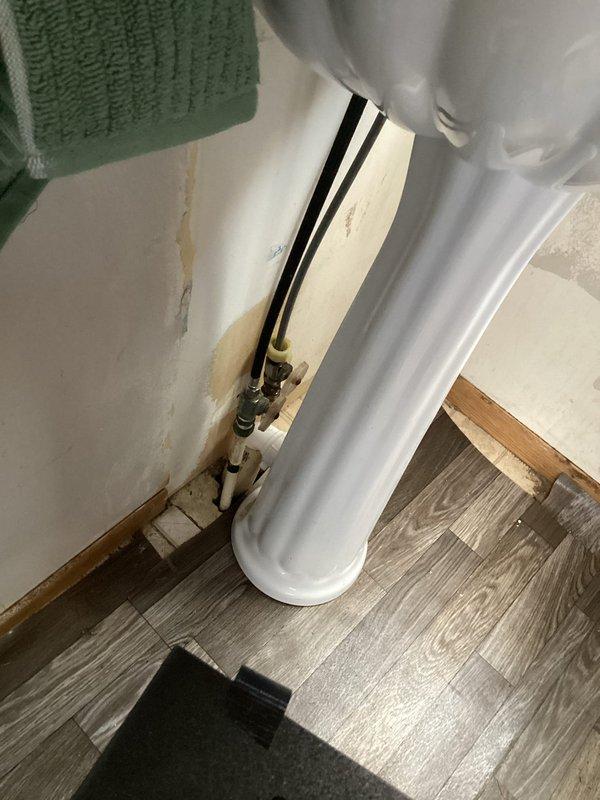 Disconnected old water supply hoses and installed new connections to customer's pedestal sink in an 85-year-old home. Addressed visible water damage on the wall behind the fixture and ensured proper sealing of all connections to prevent future leakage.