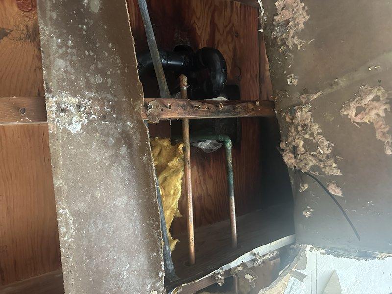 Conducted comprehensive inspection of property with frozen and burst pipes. Documented extensive water damage to interior wall structures, with visible mold/mildew growth on wooden framing and surrounding surfaces. Assessment revealed compromised plumbing components including affected PVC drain pipes and copper supply lines, with photos taken for insurance documentation purposes.